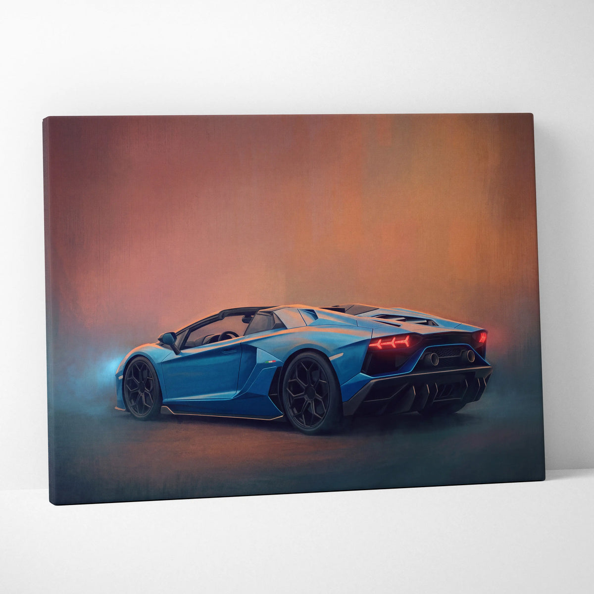 Lamborghini aventador roadster inspired canvas wall art featuring vibrant blue convertible with glowing red taillights