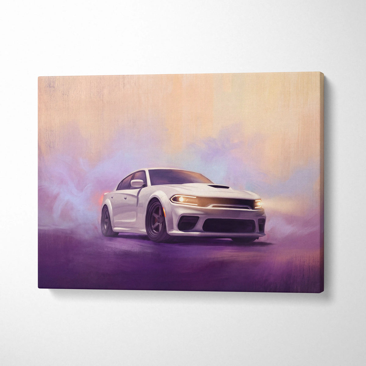 White dodge charger canvas art featuring a high-performance sedan drifting with purple and orange smoke for office decor