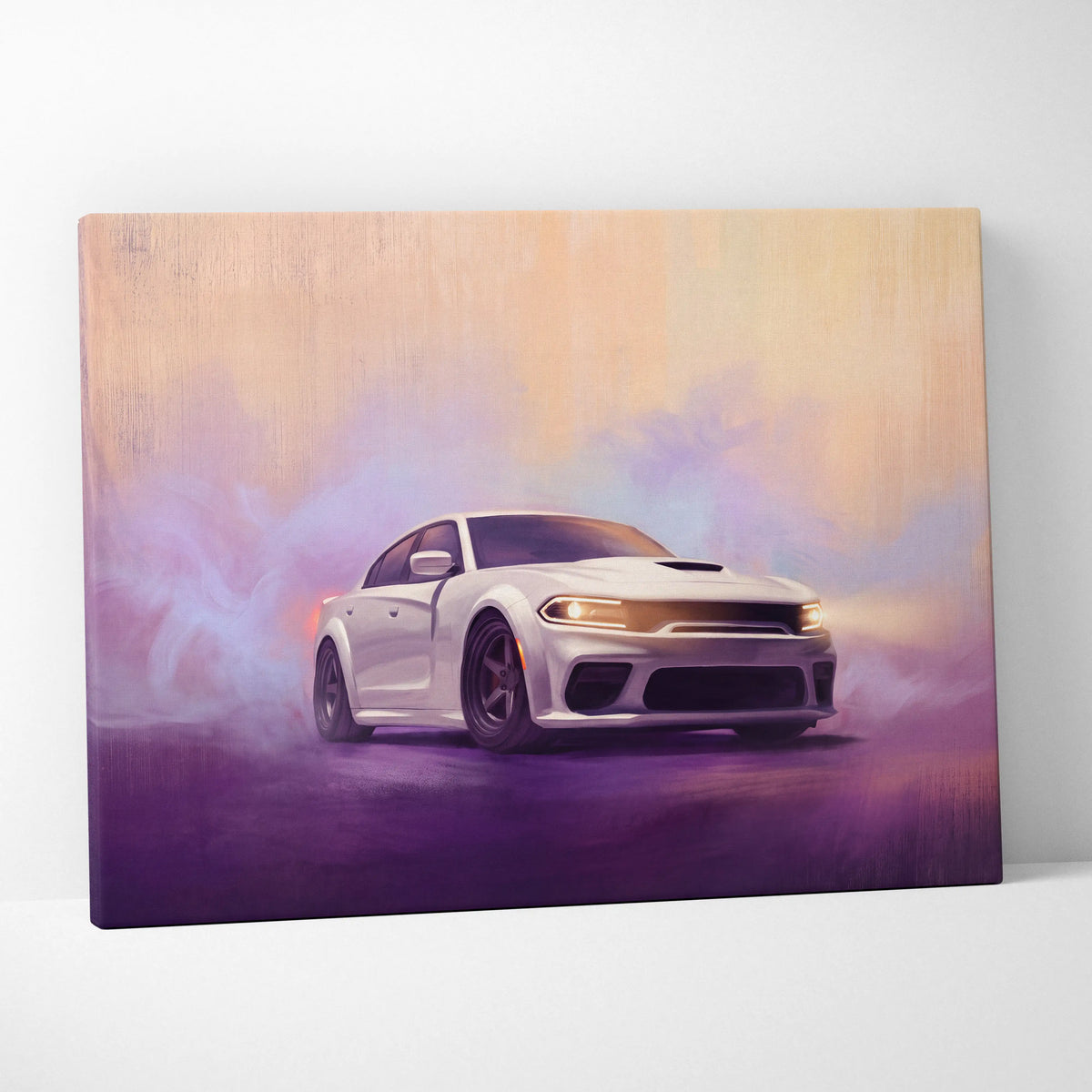 White dodge charger inspired canvas art print on canvas featuring american muscle car wall decor for office