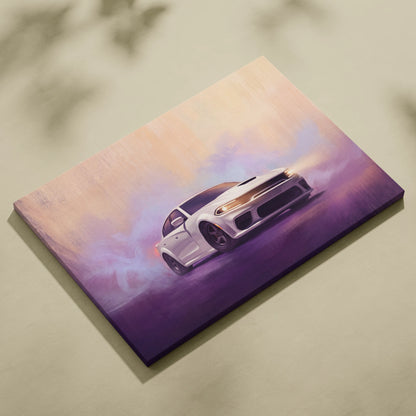White dodge charger drifting canvas print with purple pink smoke american muscle car wall decor for office