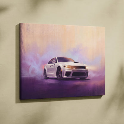 White dodge charger inspired canvas art showing a performance sedan drifting through purple smoke for office decor