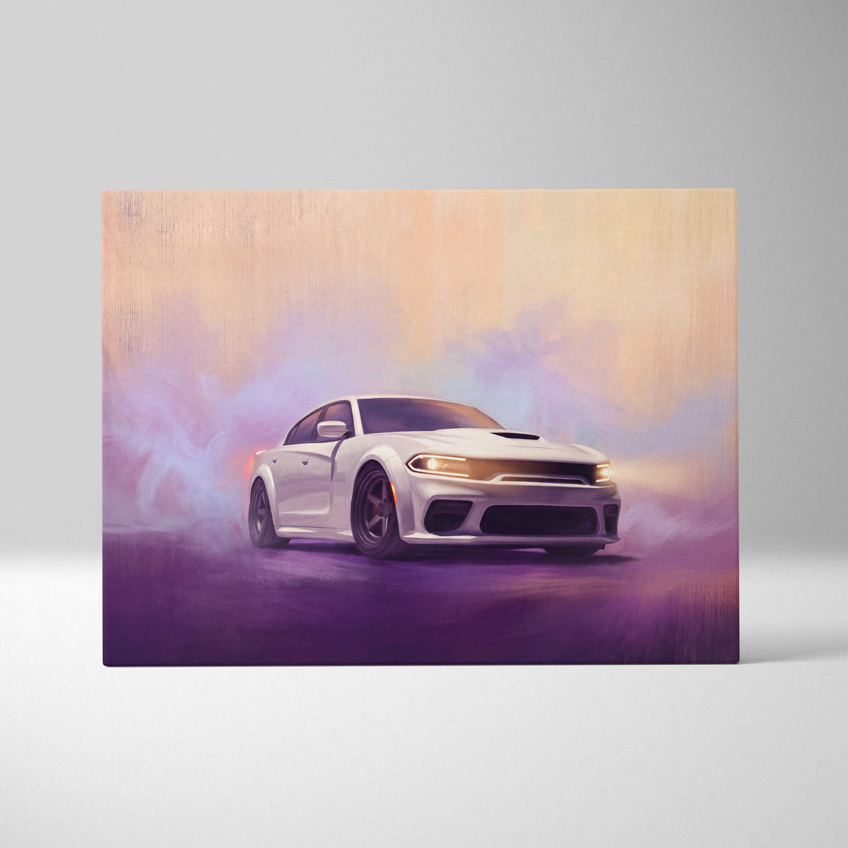 Dodge charger inspired canvas art featuring a white srt hellcat in smoky purple and orange hues for office wall decor