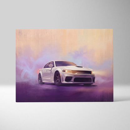 Dodge charger inspired canvas art featuring a white srt hellcat in smoky purple and orange hues for office wall decor