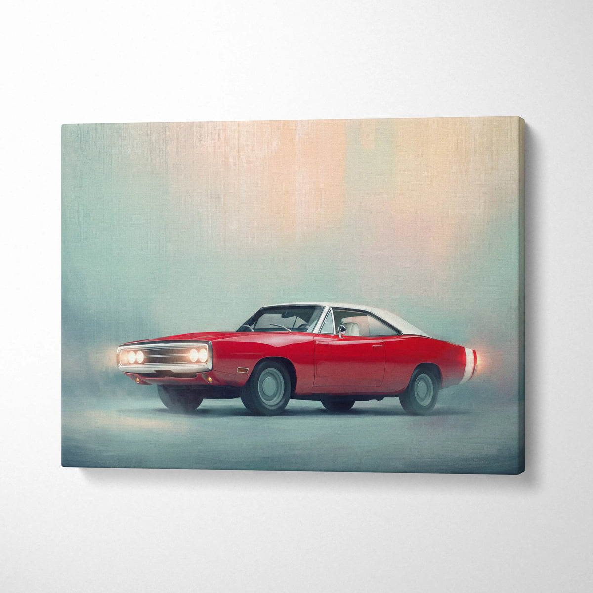 Red and white dodge charger inspired canvas art featuring classic american muscle car wall painting on canvas