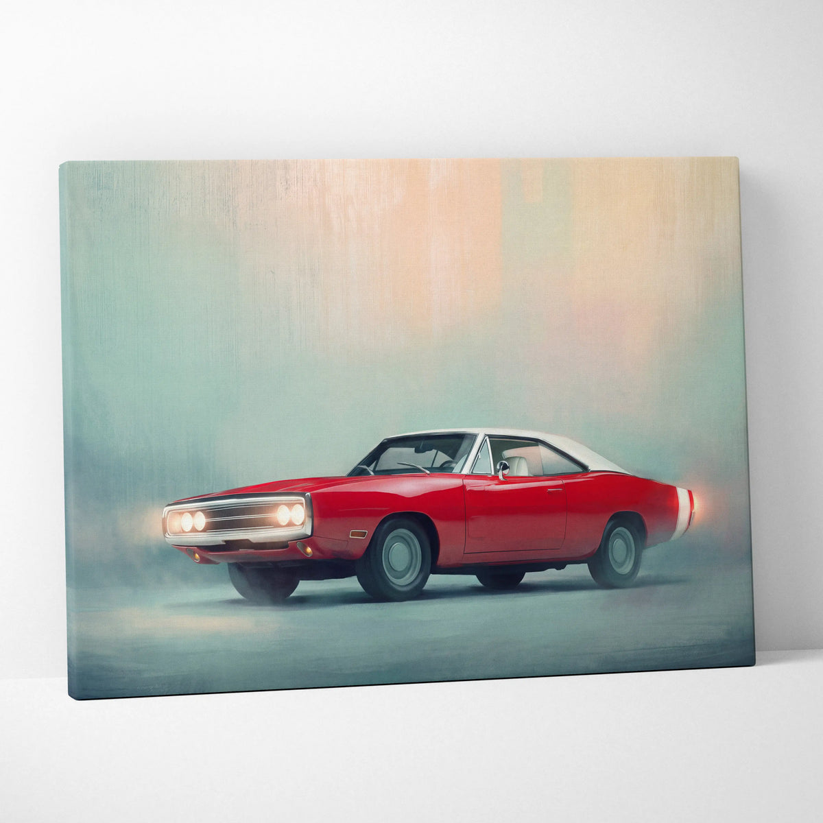 Red and white dodge charger inspired classic american muscle car canvas print wall art for home decor