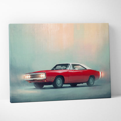 Red and white dodge charger inspired classic american muscle car canvas print wall art for home decor