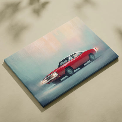 Red and white dodge charger inspired classic american muscle car illustration on stretched canvas wall art