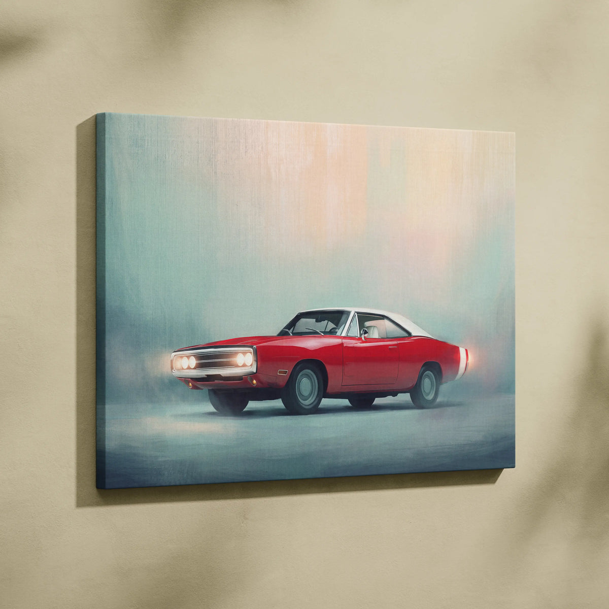 Dodge charger inspired canvas art featuring a red and white classic muscle car painting on canvas for wall decor