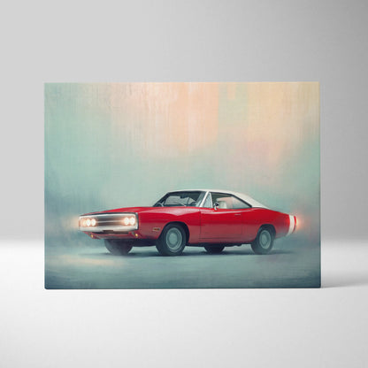 Dodge charger inspired canvas art featuring a red and white classic muscle car painting on canvas for wall decor