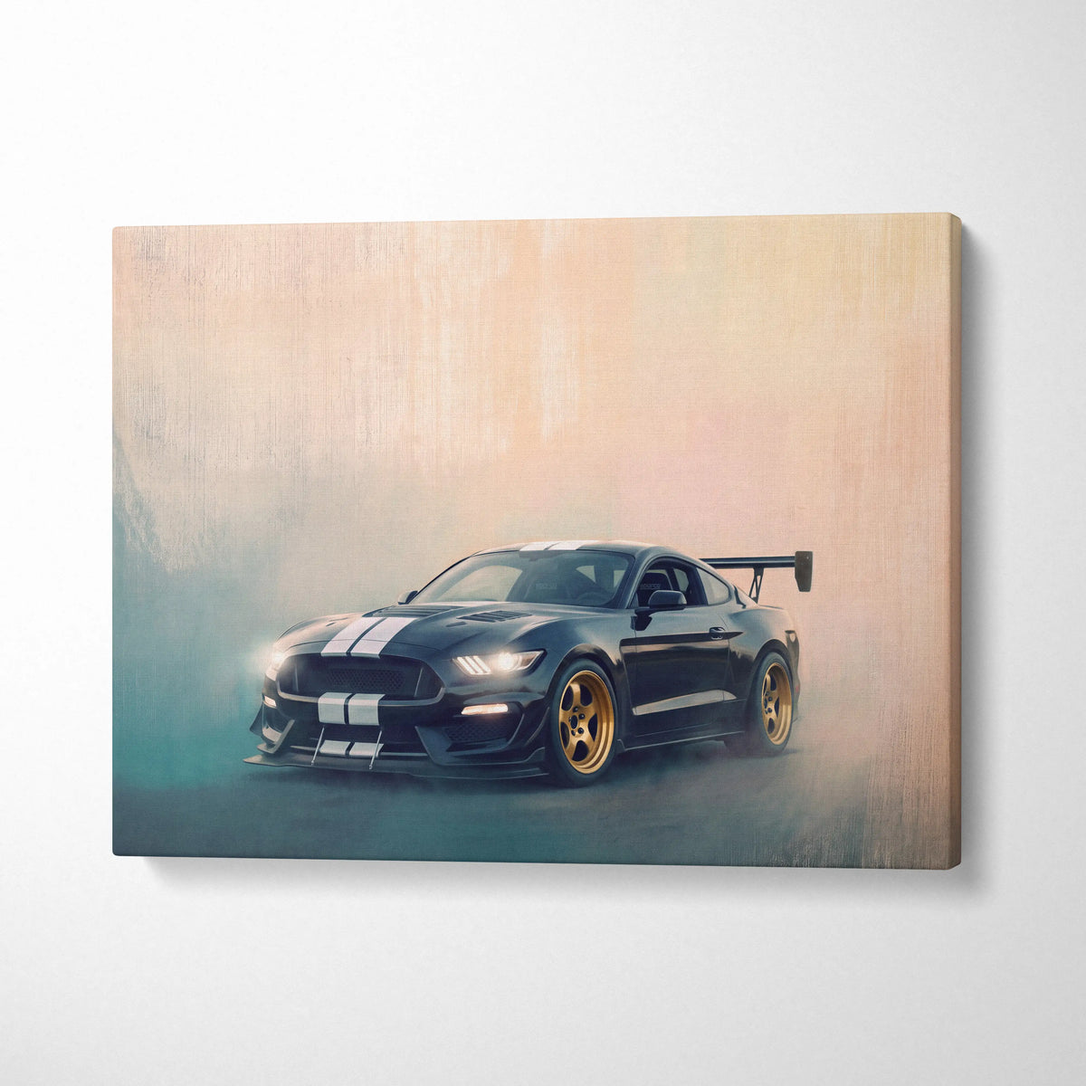 Black ford mustang shelby gt350 canvas print with gold wheels and white racing stripes for garage wall art