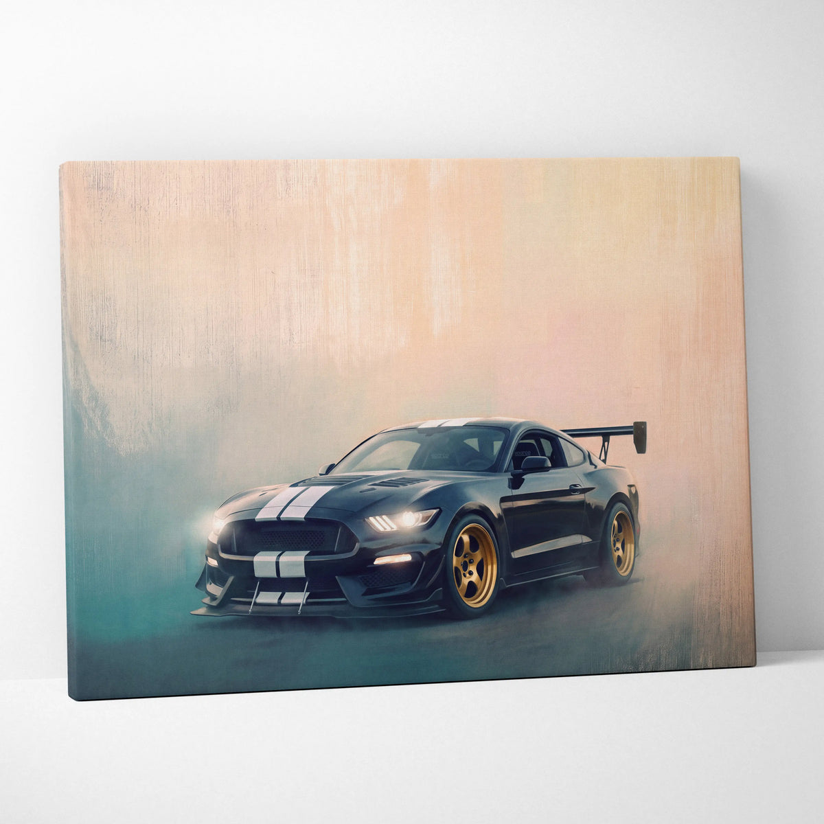 Black ford mustang shelby gt500 canvas print with white racing stripes and gold rims for garage wall art