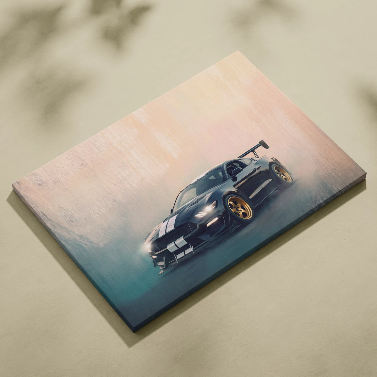 Black and white striped ford mustang shelby gt500 canvas print with gold rims for garage wall art and racing decor