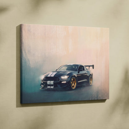 Black Ford Mustang Shelby GT500 canvas print with white racing stripes and gold wheels for garage wall art