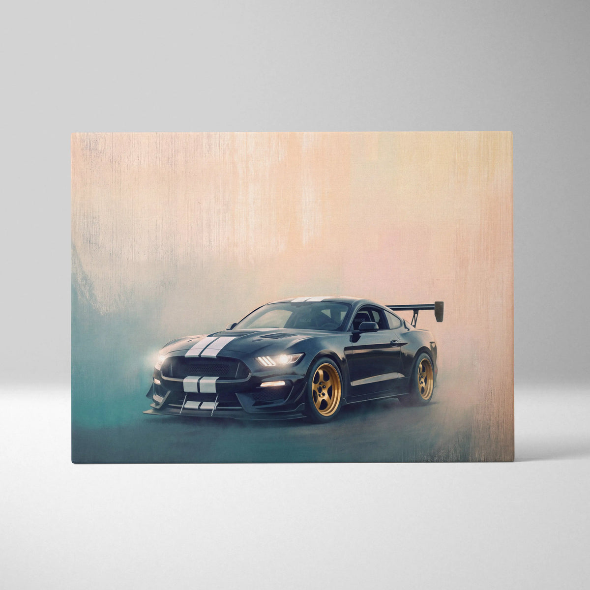 Black ford mustang shelby gt500 canvas wall art with gold wheels and white racing stripes for garage decor