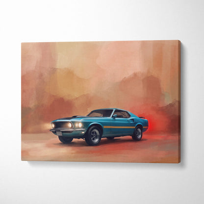 Teal and gold-accented Ford Mustang Mach 1 inspired classic muscle car canvas print for living room wall art