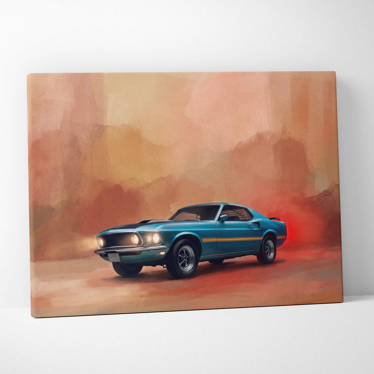 Teal and gold accented classic Ford Mustang Mach 1 muscle car canvas print perfect for living room wall art