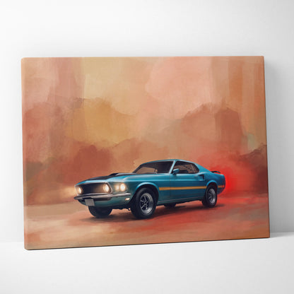 Teal and gold accented classic Ford Mustang Mach 1 muscle car canvas print perfect for living room wall art