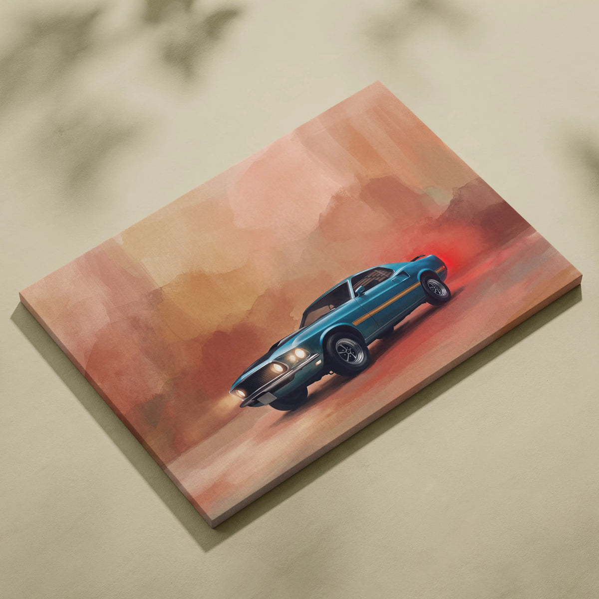 Teal classic ford mustang mach 1 muscle car painting on canvas vintage fastback automotive wall art for living room