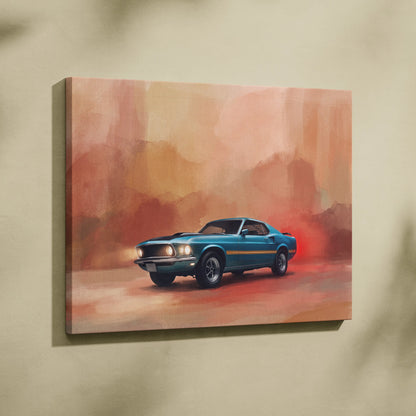 Blue classic Ford Mustang Mach 1 inspired muscle car canvas print with gold racing stripe for automotive wall art