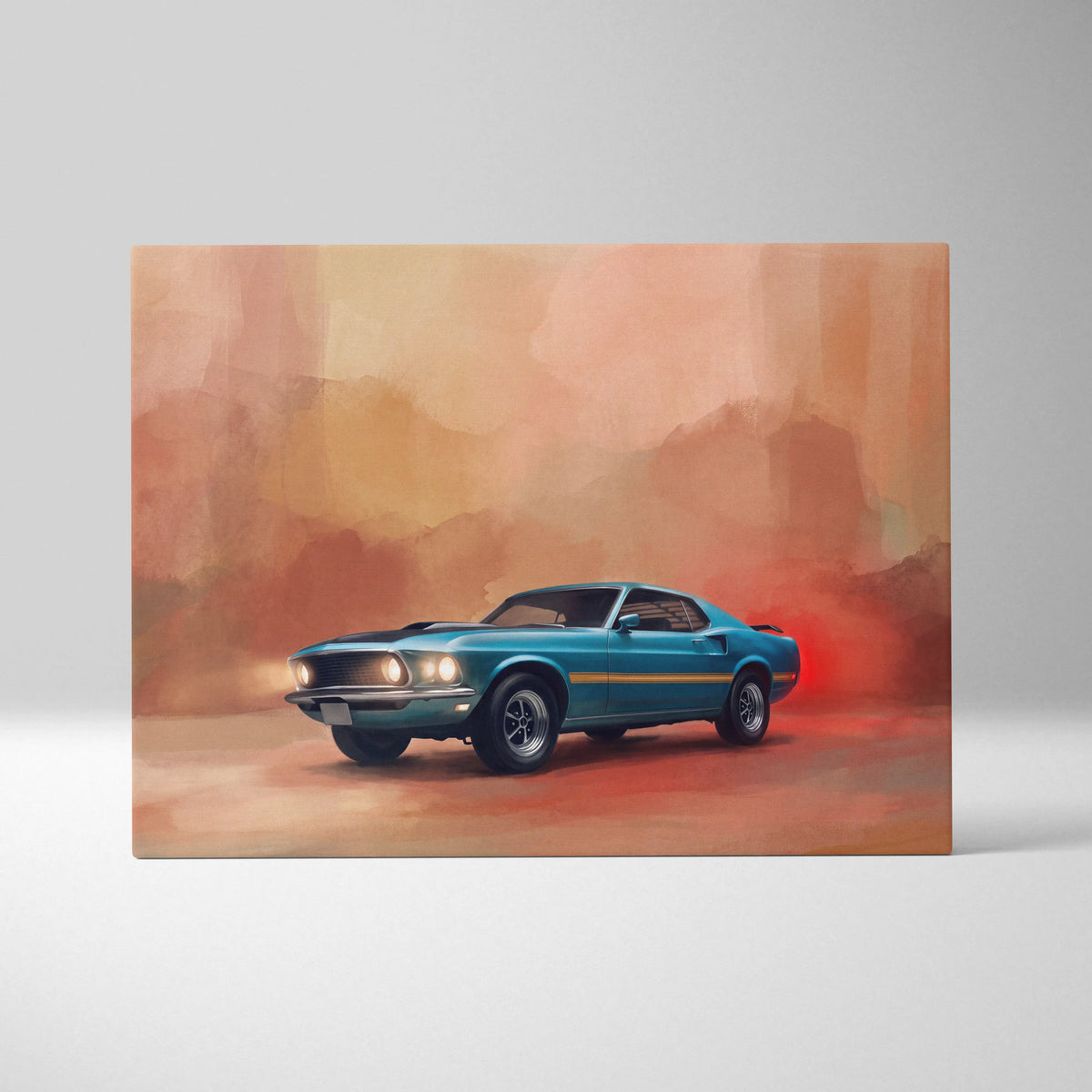 Teal and gold striped ford mustang mach 1 inspired vintage fastback canvas print for living room wall art