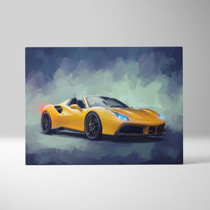 Vibrant yellow ferrari 488 spider sports car with glowing blue headlights on luxury supercar canvas wall art