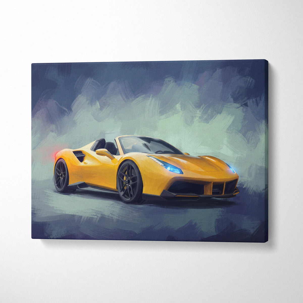 Vibrant yellow Ferrari 488 Spider inspired luxury supercar canvas print with sleek design and glowing blue headlights