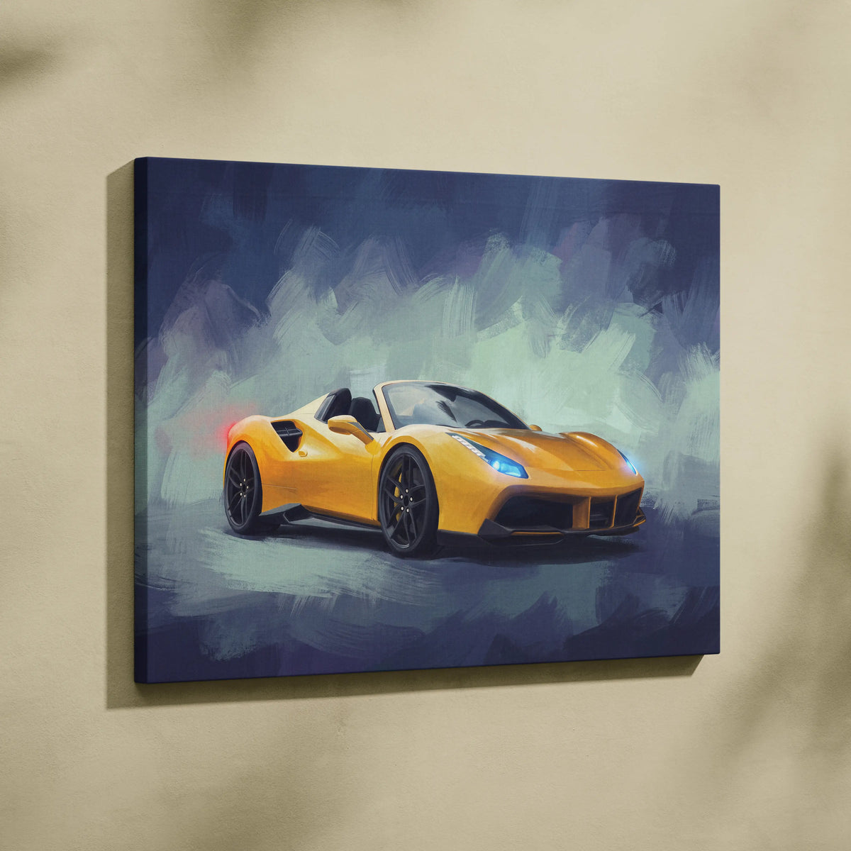 Vibrant yellow Ferrari 488 Spider canvas print featuring dynamic brushstroke background luxury supercar wall art