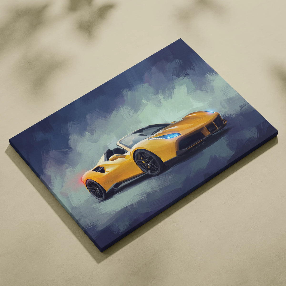 Vibrant yellow Ferrari 488 Spider inspired sports car on stretched canvas in dynamic painterly style wall art