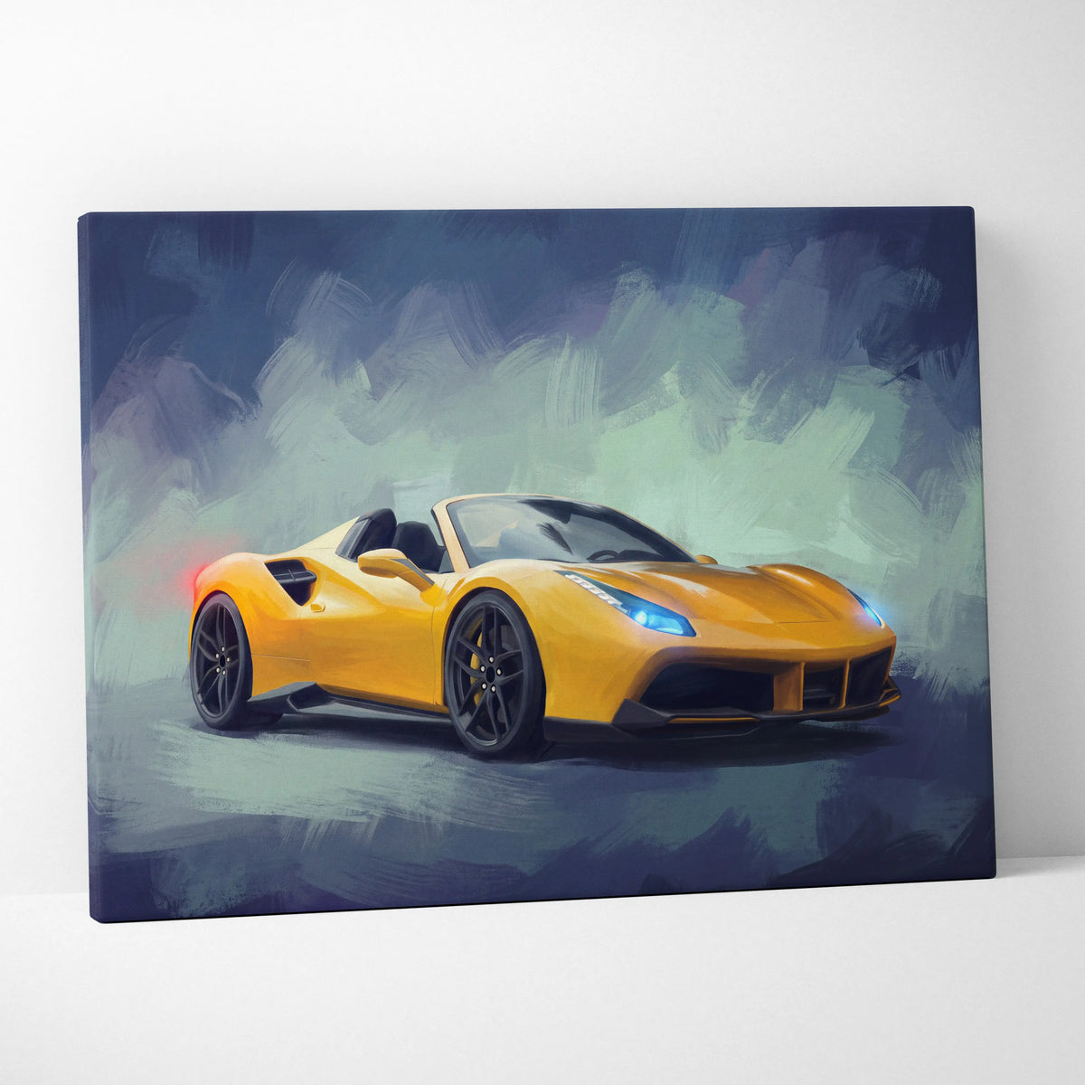 Vibrant yellow ferrari 488 spider convertible sports car depicted in dynamic painterly style on luxury canvas print