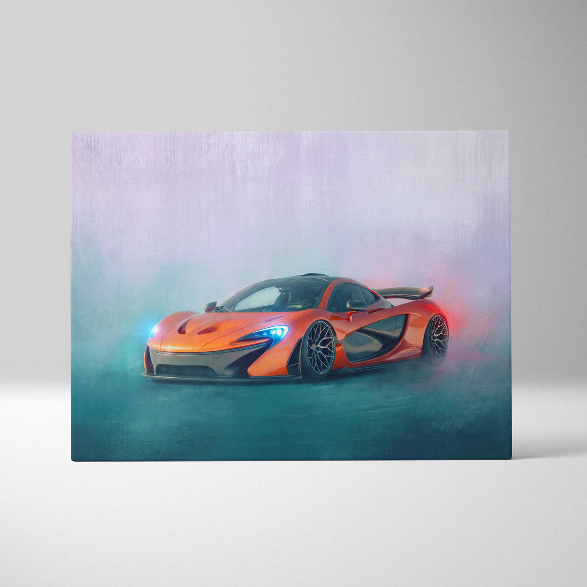 Vibrant orange mclaren p1 sports car in smoky artistic style on premium canvas wall decor for automotive enthusiasts