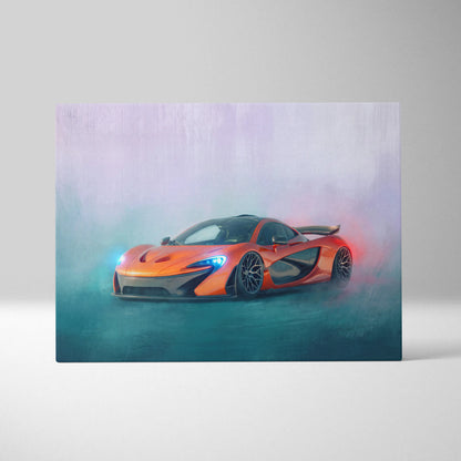 Vibrant orange mclaren p1 sports car in smoky artistic style on premium canvas wall decor for automotive enthusiasts