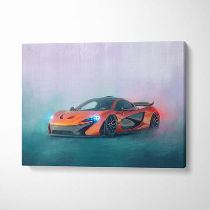 Vibrant orange McLaren P1 inspired canvas art with glowing blue headlights and red taillights on teal lavender background