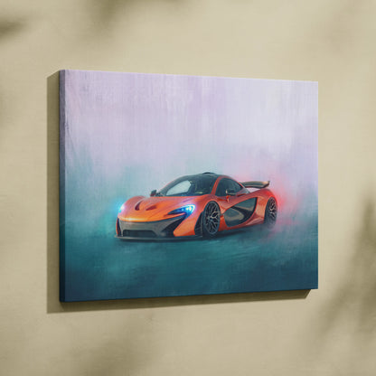 Vibrant orange McLaren P1 inspired canvas art with sleek aerodynamic design and glowing blue headlights on teal background