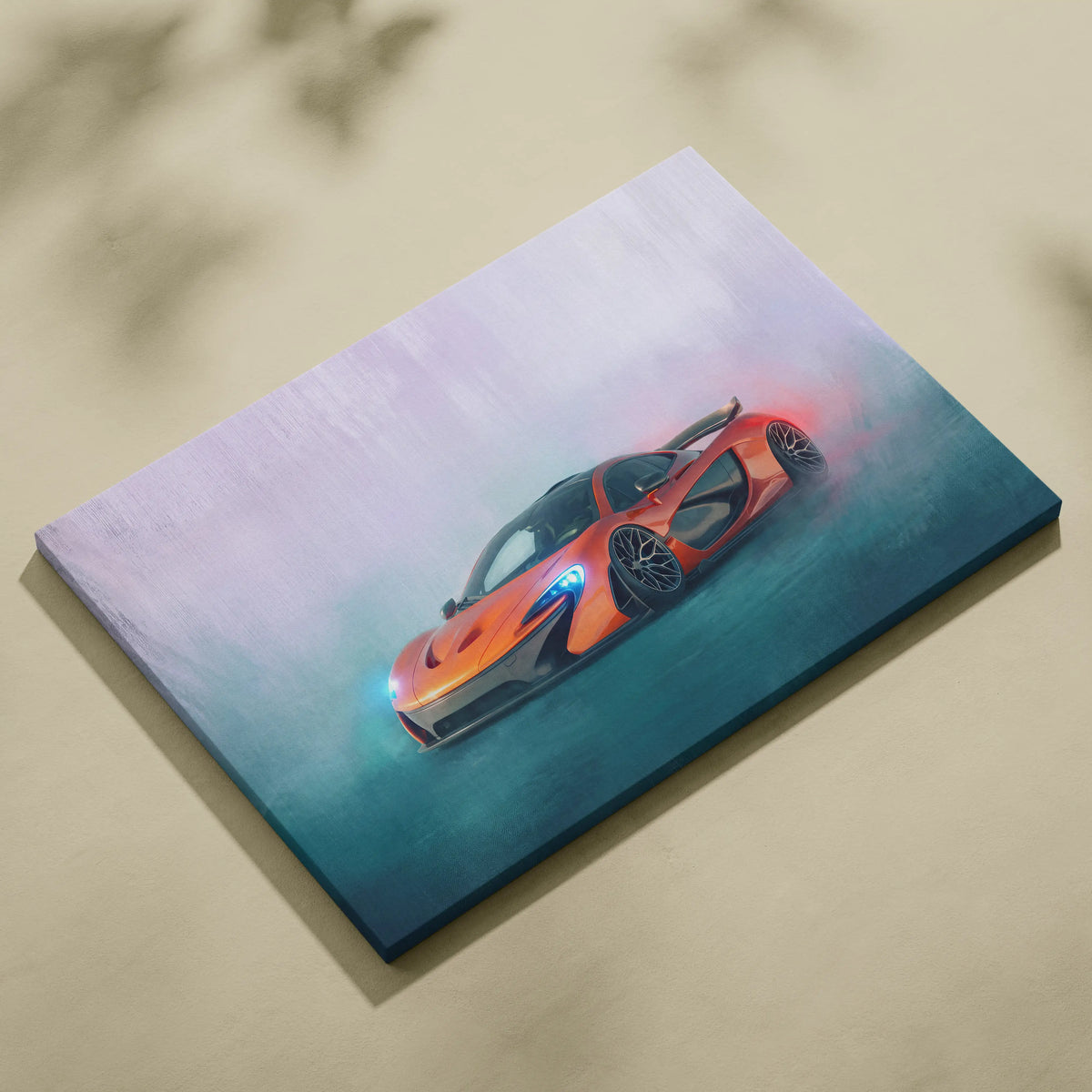 Vibrant orange McLaren P1 sports car canvas print with glowing blue headlights and dynamic smoke effect wall decor
