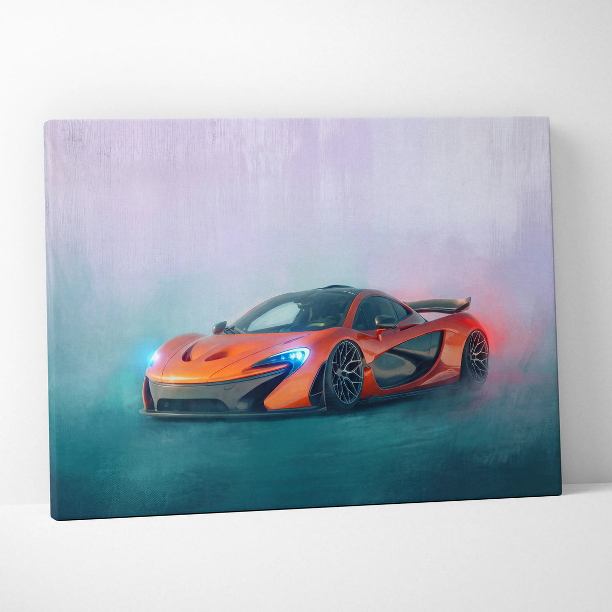 Vibrant orange McLaren P1 inspired canvas art with glowing blue headlights and red taillights on premium wall decor