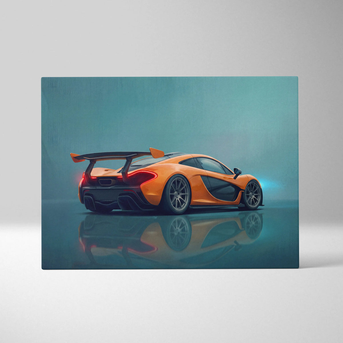 McLaren P1 inspired supercar canvas art print featuring a vibrant orange sports car with black accents and rear wing
