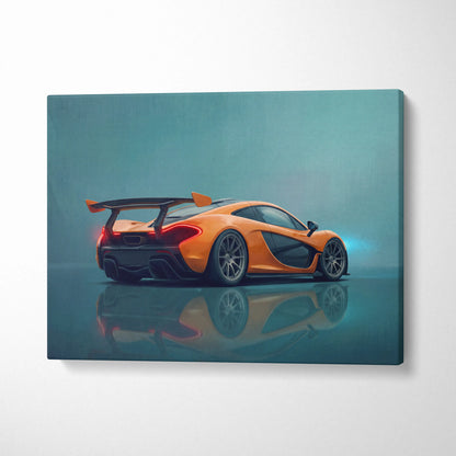 McLaren P1 inspired supercar canvas art featuring a vibrant orange sports car with glossy black accents and aerodynamic design