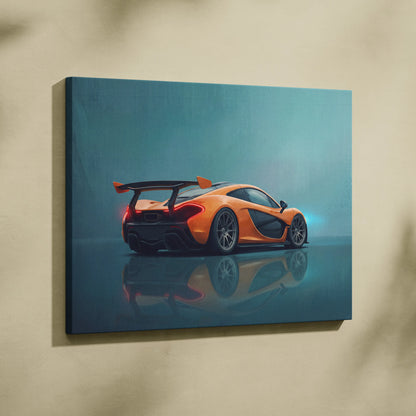 Orange mclaren p1 inspired supercar canvas art featuring black accents and glowing red taillights for wall decor