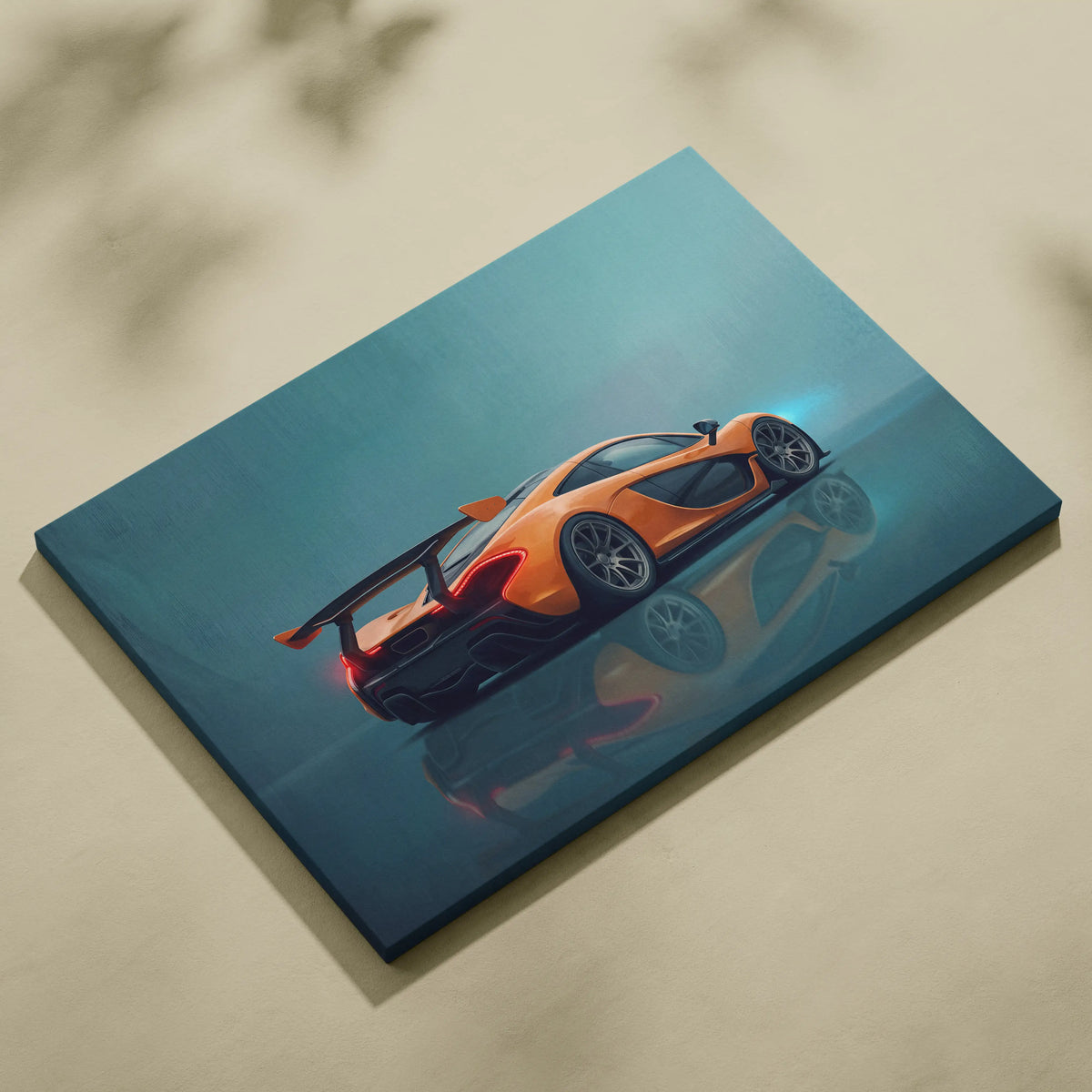 Orange mclaren sports car illustration on teal canvas mclaren p1 inspired supercar custom wall art print