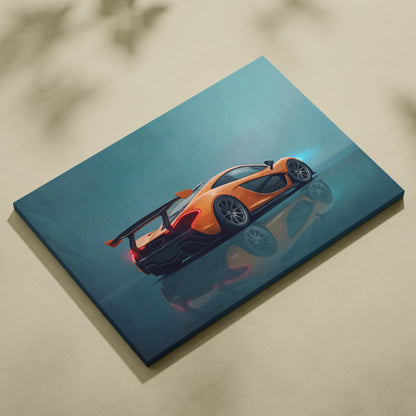 Orange mclaren sports car illustration on teal canvas mclaren p1 inspired supercar custom wall art print