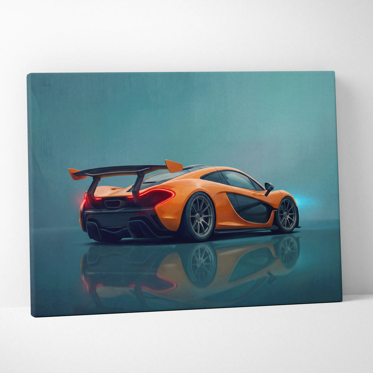 Orange mclaren p1 inspired supercar canvas art with black accents and reflective surface for wall decor