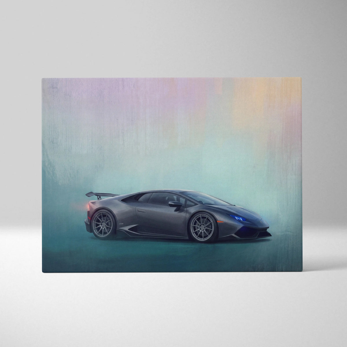 Gray Lamborghini Huracán sports car stylized wall art with iridescent pastel background luxury supercar canvas print