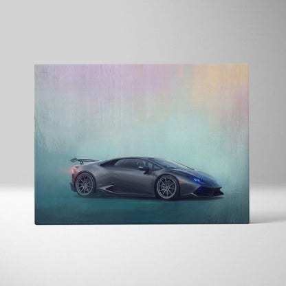 Gray Lamborghini Huracán sports car stylized wall art with iridescent pastel background luxury supercar canvas print