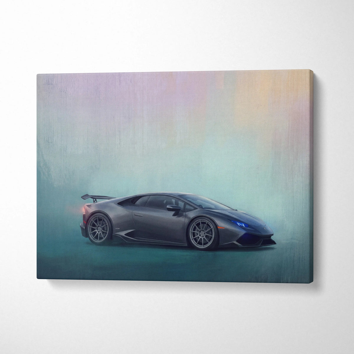 A sleek matte gray lamborghini huracán sports car in a stylized canvas painting with iridescent pastel background hues