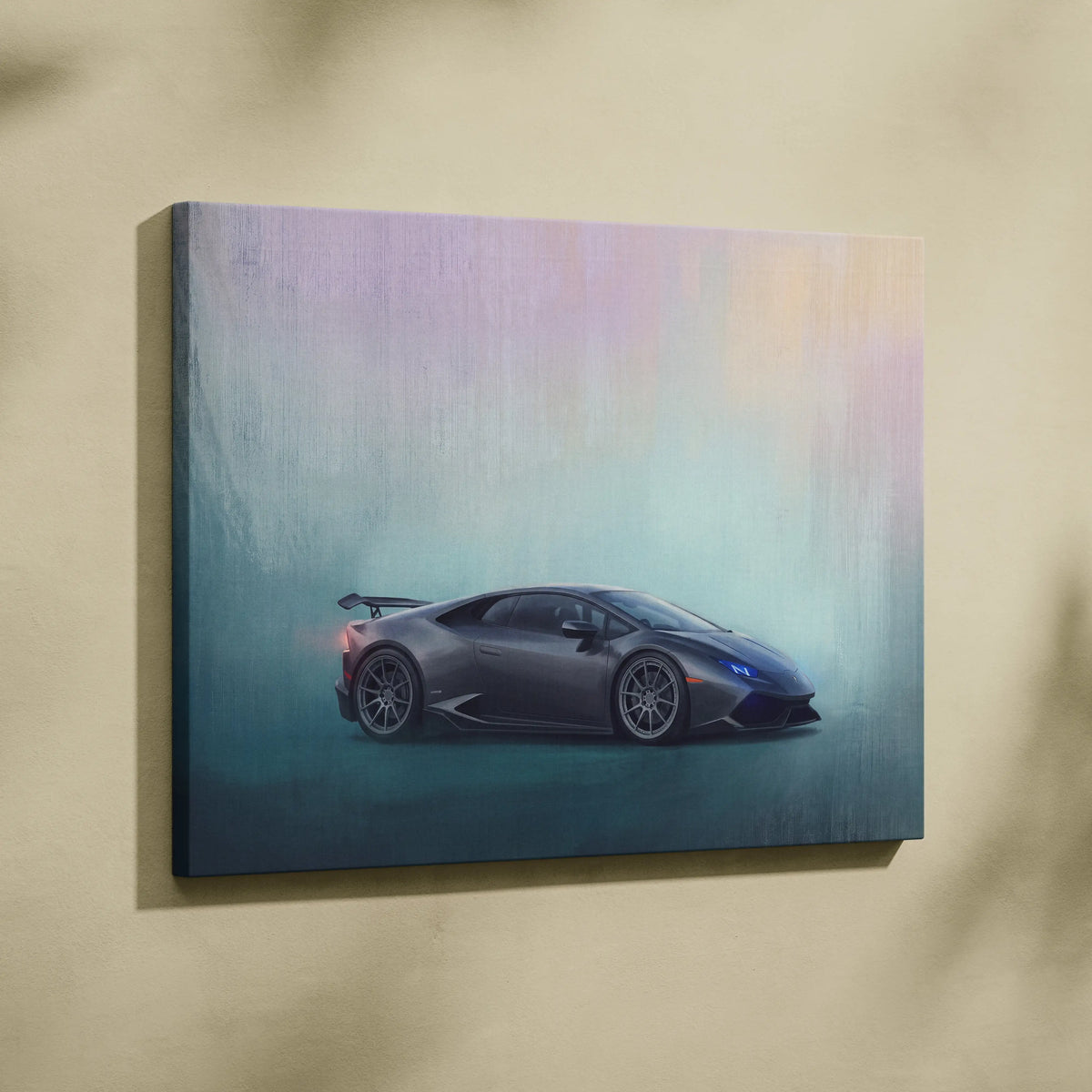A sleek dark gray Lamborghini Huracán inspired luxury supercar canvas print with soft gradient background hues