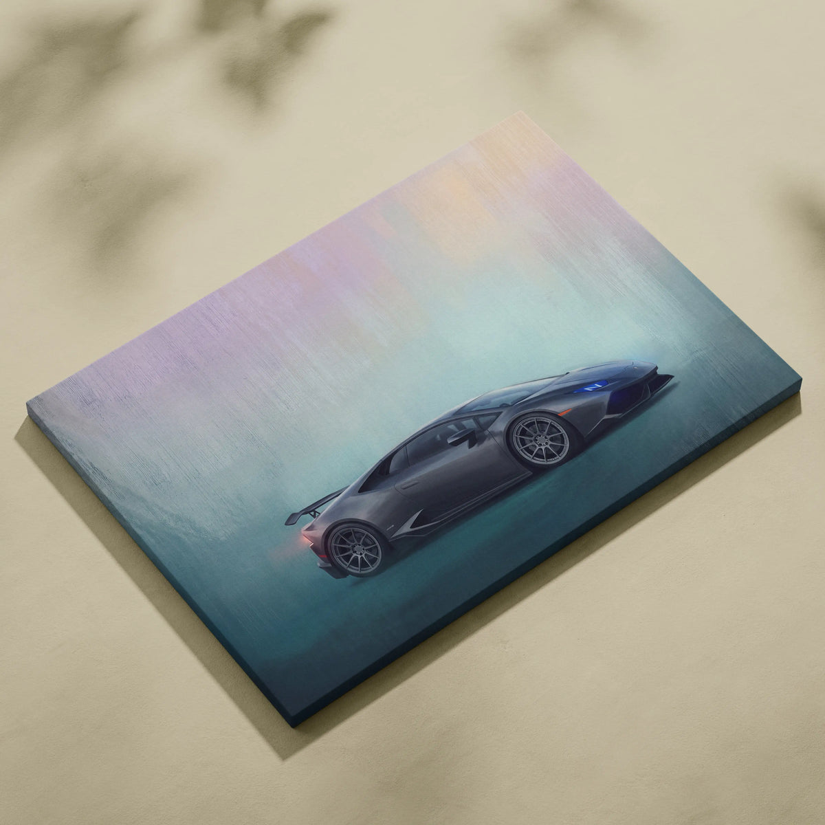 A sleek matte gray lamborghini huracán sports car in dynamic side profile on iridescent canvas wall art