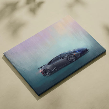 A sleek matte gray lamborghini huracán sports car in dynamic side profile on iridescent canvas wall art