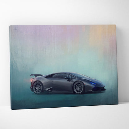 Gray Lamborghini Huracán luxury supercar canvas print with iridescent gradient background automotive wall art