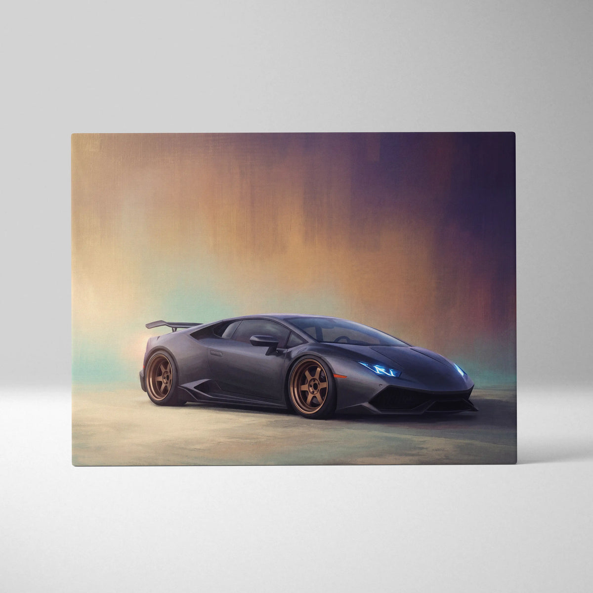 Black Lamborghini Huracán sports car canvas print with bronze wheels and glowing blue headlights track edition wall art