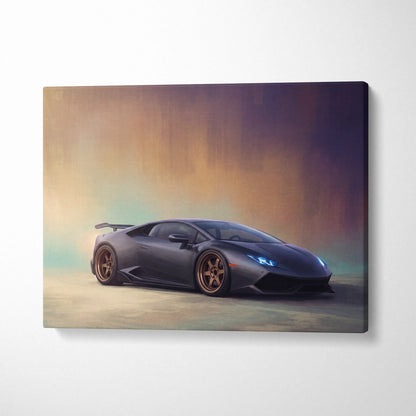 Lamborghini huracán inspired car wall art canvas print featuring a black car with bronze wheels and glowing blue headlights